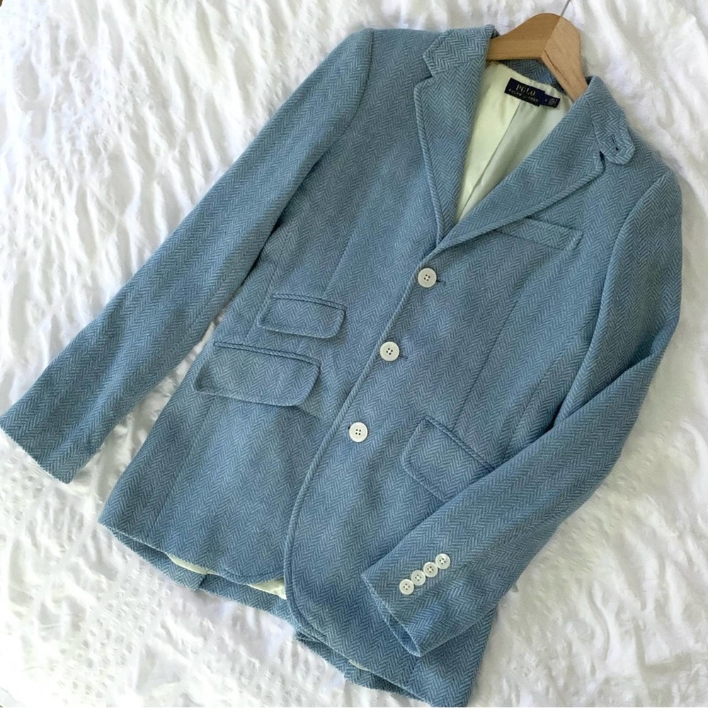 New Polo Ralph Lauren Blazer Blue Herringbone Linen Silk - Picture 3 of 16